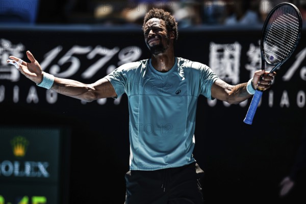 MELBOURNE, AUSTRALIA - JANUARY 18: Gael Monfils of France reacts to losing a point whilst playing Taylor Fritz of USA on day seven of the 2025 Australian Open at Melbourne Park on January 18, 2025 in Melbourne, Australia, Oceania