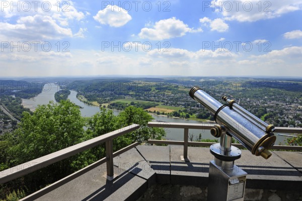 View of the Rhine valley near Bad Honnef, viewing platform on the Drachenfels, Siebengebirge, Königswinter, Königswinter, Rhineland, North Rhine-Westphalia, North Rhine-Westphalia, Germany, Europe