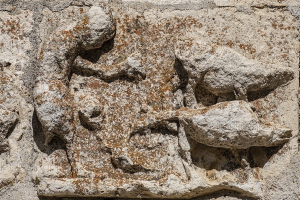 Sowing in which the farmer uses a Roman plow drawn by two oxen, sculptural frieze with an agricultural calendar, San Galindo Chapel, Parish Church of San Bartolomé, Campisábalos, Guadalajara, Spain, Europe