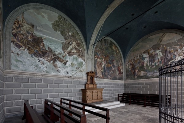 Built in 1879-80 Interior from the north-west, it is decorated with four frescoes by the Basel painter Ernst Stückelberg and shows the Rütli Oath, the Apple Shot, the Tell Leap and Gessler's Death in the Hohle Gasse, St., Sankt, Saint
