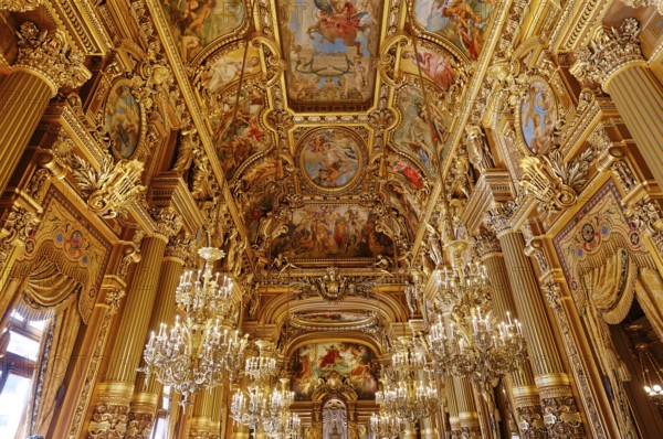 PARIS, FRANCE, MARCH 14, 2017 : interiors, frescoes and architectural details of the palais Garnier, Opera of Paris, march 14, 2017 in Paris, France, Europe