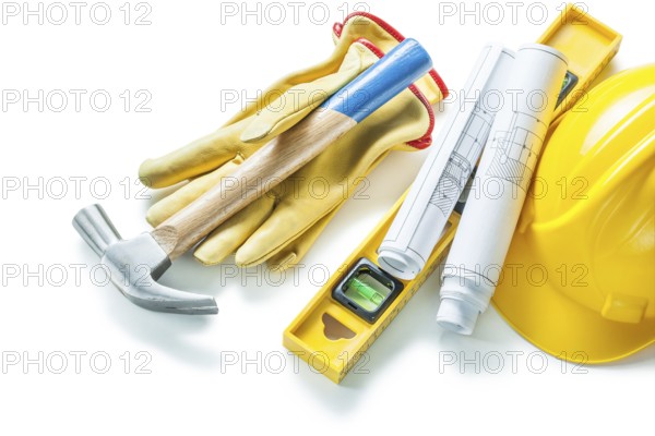 Blueprints construction level helmet gloves hammer isolated on white