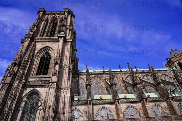 Strasbourg Cathedral, Cathedral of Our Lady, Cathédrale Notre-Dame, Cathedral, Detailed side part of a Gothic cathedral under a blue sky, Strasbourg, Strasbourg, Bas-Rhin, Alsace, Alsace, France, Europe