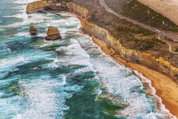 Australia. The Twelve Apostles is a group of limestone cliffs in the ocean near the coast in Port Campbell National Park. Great Ocean Road. The concept of extreme, active and photo tourism Helicopter flight
