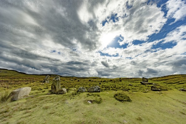 Druids Circle, stone circle in wide landscape with pastures in the mountains, Penmaenmawr, Dwygyfylchi, Caernarfonshire, Conwy County Borough, Wales, Great Britain