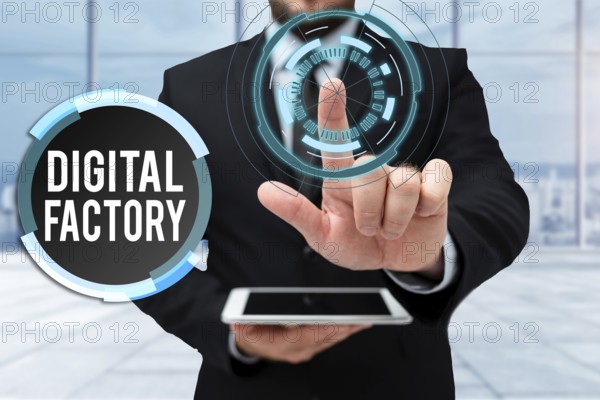 Text sign showing Digital Factory, Concept meaning uses digital technology to operate the manufacturing process Man In Uniform Standing Holding Tablet Typing Futuristic Technologies