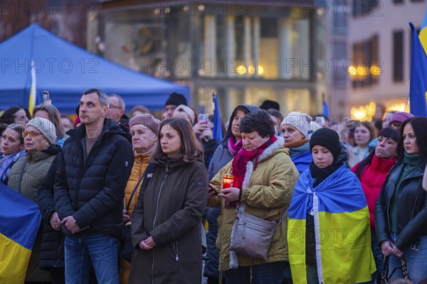 24 February marked the third anniversary of Russia's invasion of Ukraine. To mark the occasion, Ukrainian war refugees living in Dresden and their supporters demonstrated on the Neumarkt in front of the Church of Our Lady and then marched through the city centre, Dresden, Saxony, Germany, Europe
