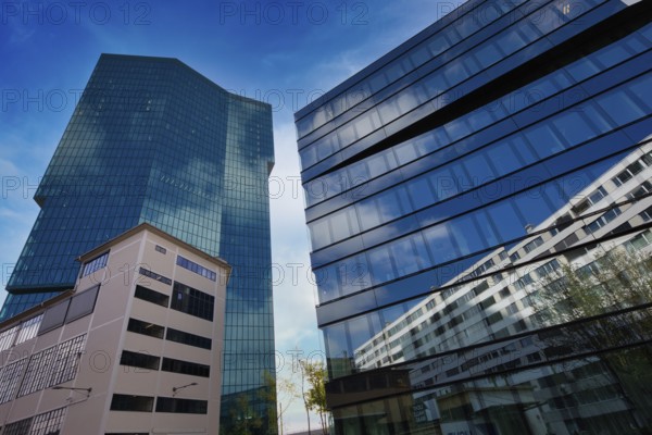 High-rise buildings with glass facades and sky in the background in urban style, Prime Tower, Zurich, glass facade, reflections, Canton of Zurich, Switzerland, Europe