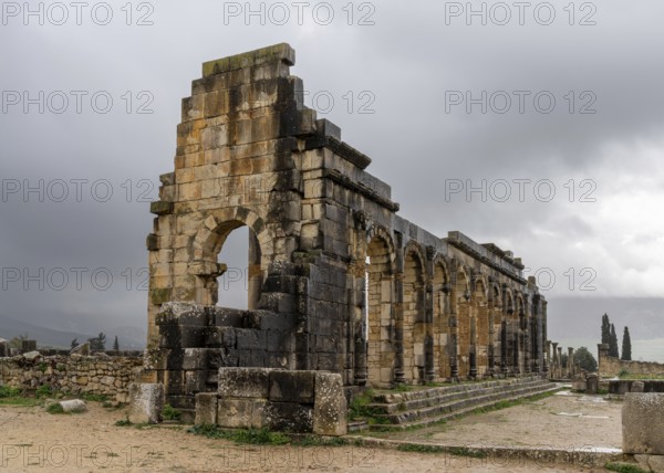 Volubilis, Morocco, 3 March, 2024: view of the temple ruins in the Berber-Roman city of Volubilis near Meknes, Africa