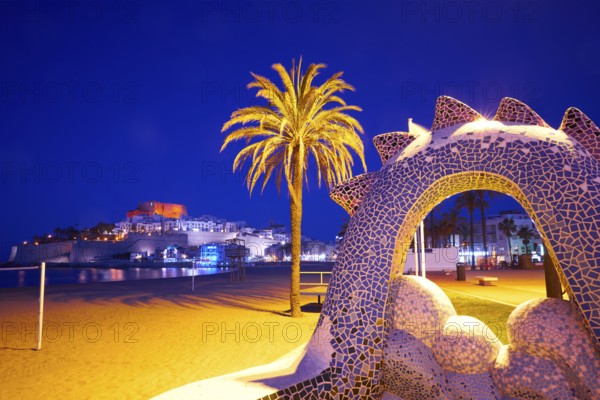Peniscola skyline and castle beach sunset in Castellon of Spain