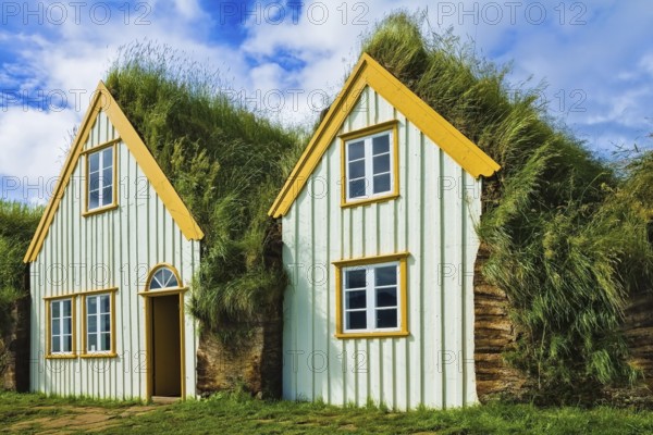 The recreated village - museum of first settlers in Iceland. Village of ancestors. Houses are roofed by the turf and grass