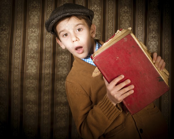 Child with red vintage book. Vintage clothes and hat
