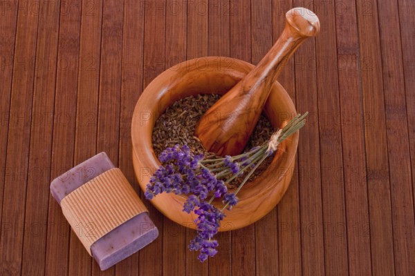 Bar of lavender soap with mortar and pestle Bar of lavender soap with mortar and pestle