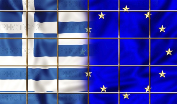 Greece flag encaged in Europe. Financial concept for failure, debit, bankruptcy, financial emergency, default, currency exit and financial bond