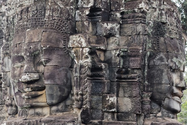 Buddhist gatekeepers, mystical, enchanted, close-ups, Khmer Kingdom, Theravada Buddhism, Unesco World Heritage Site, sacred statues, Angkor Thom, Angkor Wat, Siem Reap, Cambodia, Southeast Asia, Asia