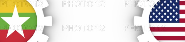 Web Banner, Header Layout Template. Politic and economic relationship between USA and Myanmar. National flags cog wheels. 3D rendering