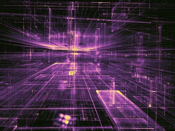 Modern technology background with light effects - abstract computer-generated image. Fractal geometry: glass hall or futuristic construction. For covers, posters, web design