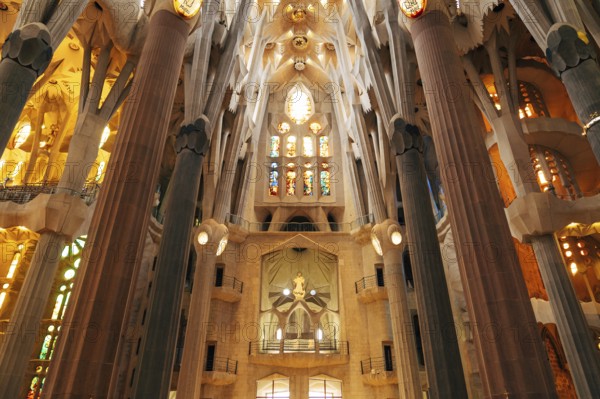 Barcelona, Spain - 15 December 2019: Sagrada Familia interiors - columns, vaults, stained glass and ceiling in Barcelona, Spain, Europe