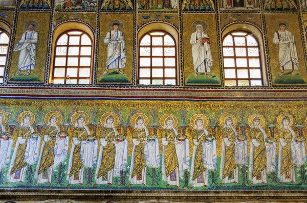 Mosaics on the side of the nave in Basilica of Sant Apollinare Nuovo, Ravenna, Italy, Europe