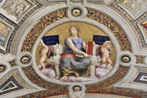 Vatican Museums, Vatican City, Vatican, Rome, Lazio, Italy, Fresco of a woman with a book surrounded by angels on an ornate golden background, Vatican, Rome, Lazio, Italy, Europe