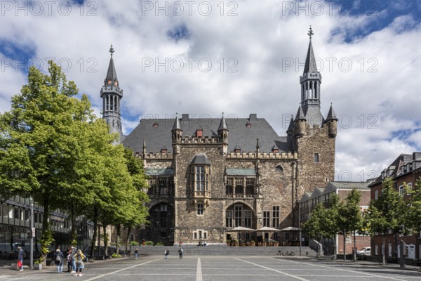 View of the town hall from Katschhof, with the 8th century Granus Tower on the right - Aachen, North Rhine-Westphalia, Germany, Europe