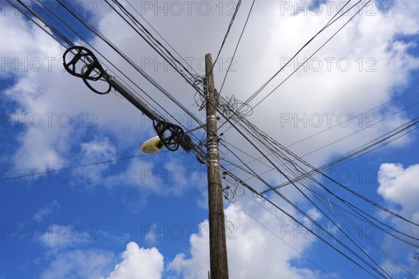 Messy electric aerial wires and pole in Mexico