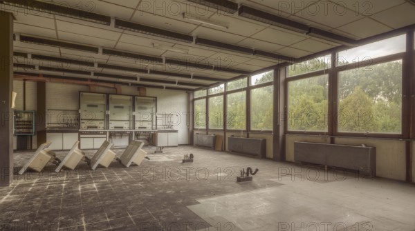 A dilapidated room with broken furniture and windows through which daylight shines, Institute of Molecular Biology, Lost Place, Sint-Genesius-Rode, Province of Flemish Brabant, Belgium, Europe