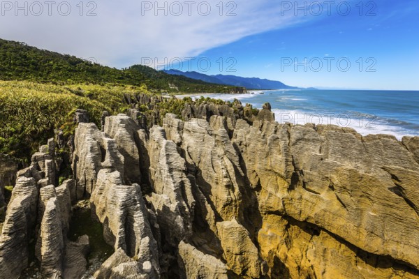 Pancake Rock is a natural wonder of New Zealand. Incredible journey to the ends of the world. Stone flat pancakes, stacked on top of each other. The concept of ecological, active and photo tourism