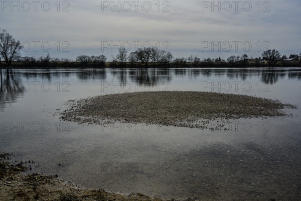 Small sandbank in a calm river with trees and cloudy sky, Danube, Bogen, Lower Bavaria
