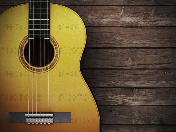 Acoustic guitar on wood background, 3D Render