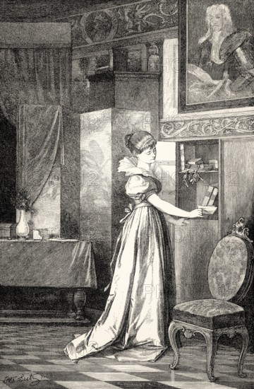 ACT II, SCENE IV., Eugenia placing the parchment in the press, scene from THE NATURAL DAUGHTER, DIE NATÜRLICHE TOCHTER, by Johann Wolfgang von Goethe