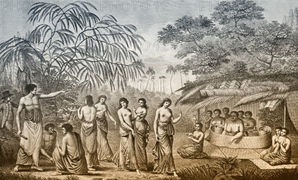 Native Tongan women dancing before Queen Tine, 18th century
