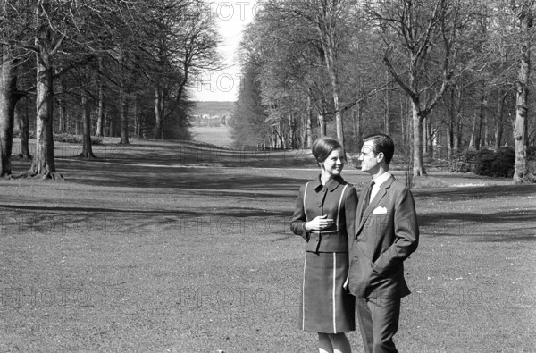 Margrethe II of Denmark. Pictured with Henri de Laborde de Monpezat at Fredensborg palace in Copenhagen in the spring of 1967, where the couple announces their marriage to come on june 10 1967. At this time Margrethe was crownprincess and heir to the throne, she became Queen of Denmark 15 january 1972