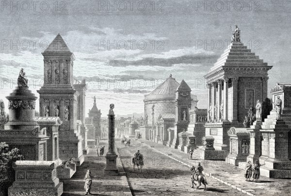 The Appian Way or Via Appia near ancient Rome, reconstruction