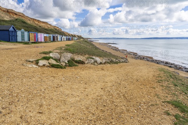 Beach Huts on the Channel Coast in Barton-on-sea, Hampshire, England, UK