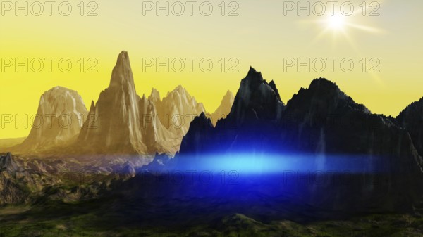 A fantasy landscape scenery at dawn 3D illustration