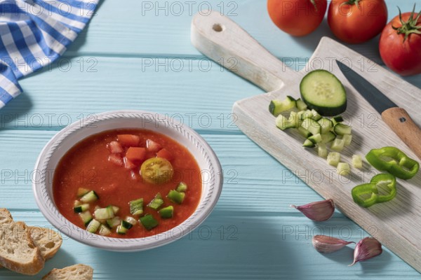 Gazpacho Andaluz is an Andalusian tomato cold soup from Spain with cucumber, garlic, pepper on light blue background
