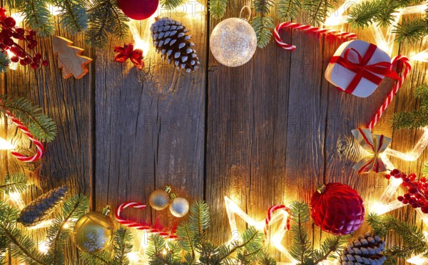Christmas glowing stars and fir on vintage wooden background copy space