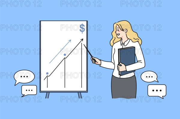 Successful businesswoman make presentation on flipchart develop business idea. Female coach or trainer present innovative startup on whiteboard. Crowdfunding. illustration