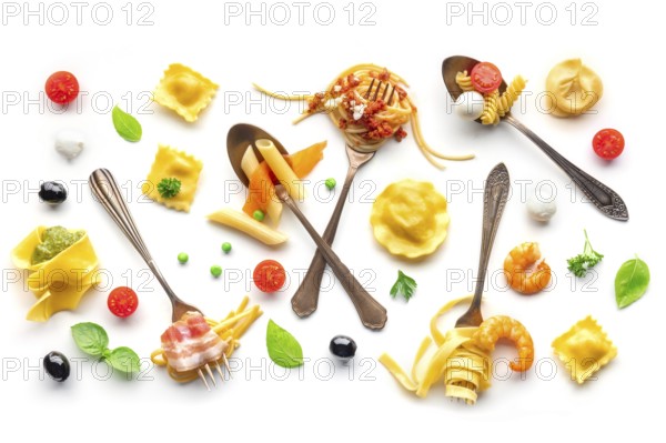 Various pasta forks. Spaghetti, fusilli, penne and other shapes of pasta, with sauce, overhead flat lay shot on a white background. Bolognese, Carbonara et al, Food photography, Food photography