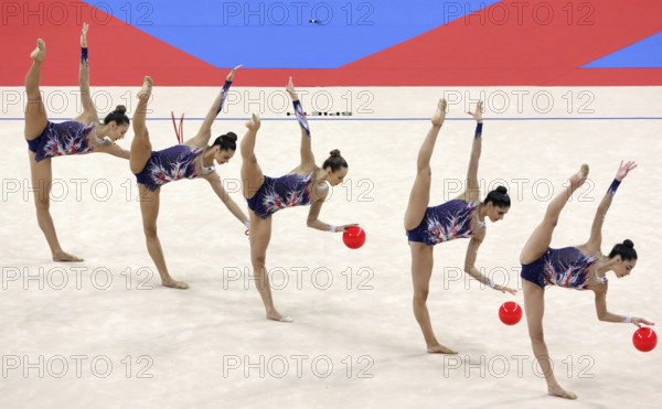 Sofia, Bulgaria - 16 September, 2018: Team Spain performs during The 2018 Rhythmic Gymnastics World Championships. Group tournament
