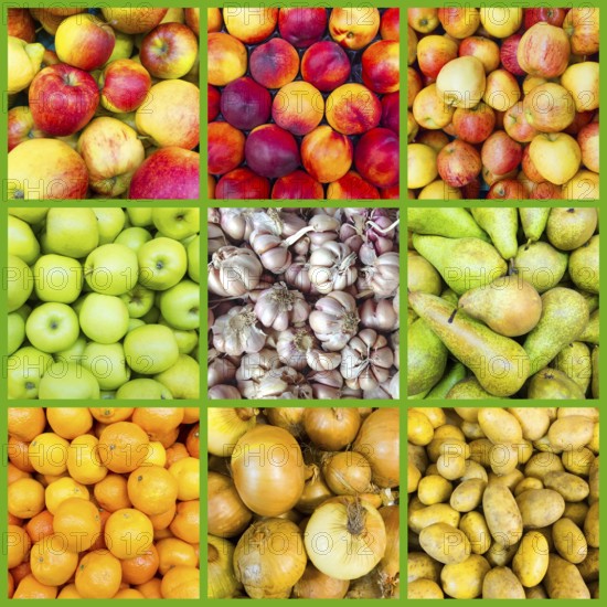 Collage of nine fruit and vegetable backgrounds