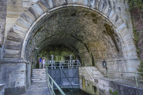 Lock at the Weilburg ship tunnel, River Lahn, Limburg-Weilburg district, Hesse, Germany, Europe