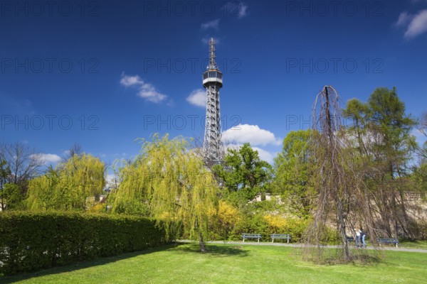Lookout tower on the Petrin Hill in flowering spring park