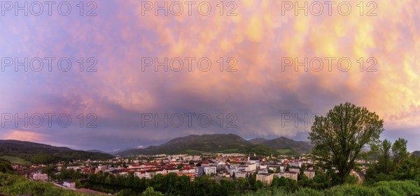 Cloudy mood, sunset over the city of Leoben, panoramic shot, Leoben, Styria, Austria, Europe