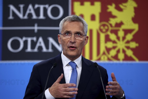 Madrid, Spain - 29 June, 2022: NATO Secretary General Jens Stoltenberg speaks at a press conference during a NATO summit in Madrid, Spain, Europe
