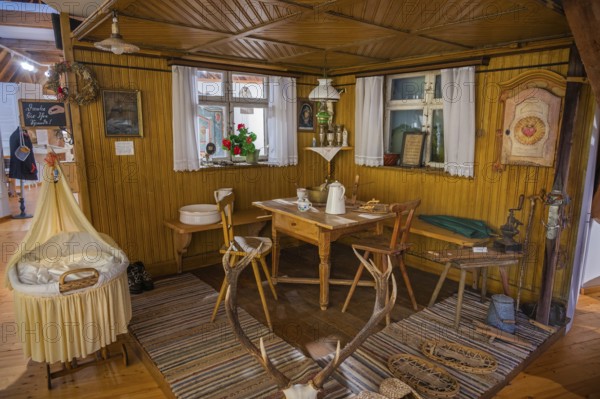 Farmhouse parlour with Herrgottswinkel and children's bed, local history museum, Wiggensbach, Allgäu, Swabia, Bavaria, Germany, Europe