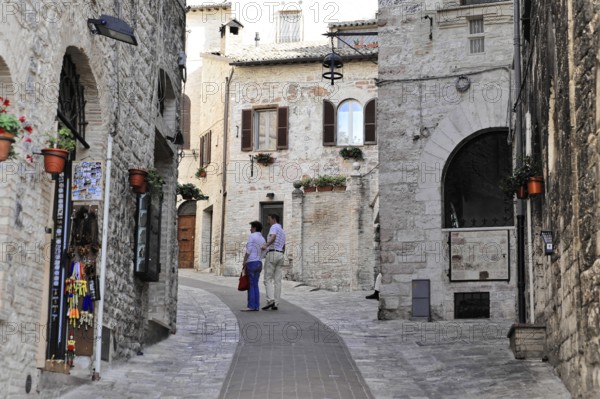 Old town alley, city centre, old town, centre, Assisi, Italy, Narrow historic alley with stone houses and blooming flowers, Assisi, Umbria, Italy, Europe