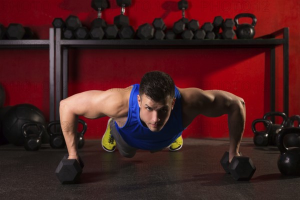Push-up strength man hex dumbbells pushup exercise workout at gym