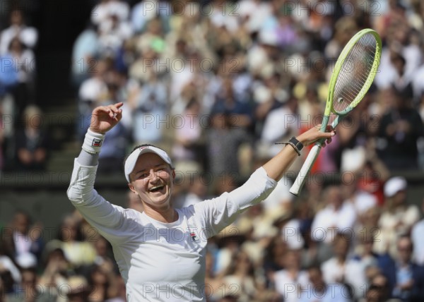 Czech tennis player Barbora Krejcikova celebrating at the 2024 Wimbledon Championships, London, England, United Kingdom, Europe